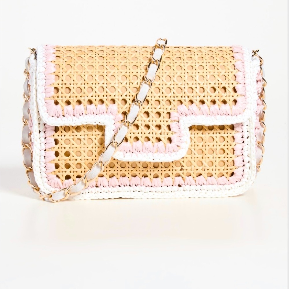 Woven Straw Crossbody Bag with Pink & White Trim